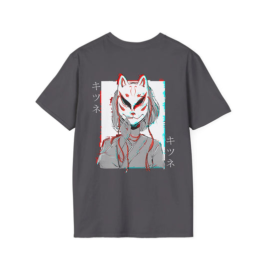 Kitsune Mask Gltich - Anime World - Unisex T-Shirt - Back Print - STREET STYLE