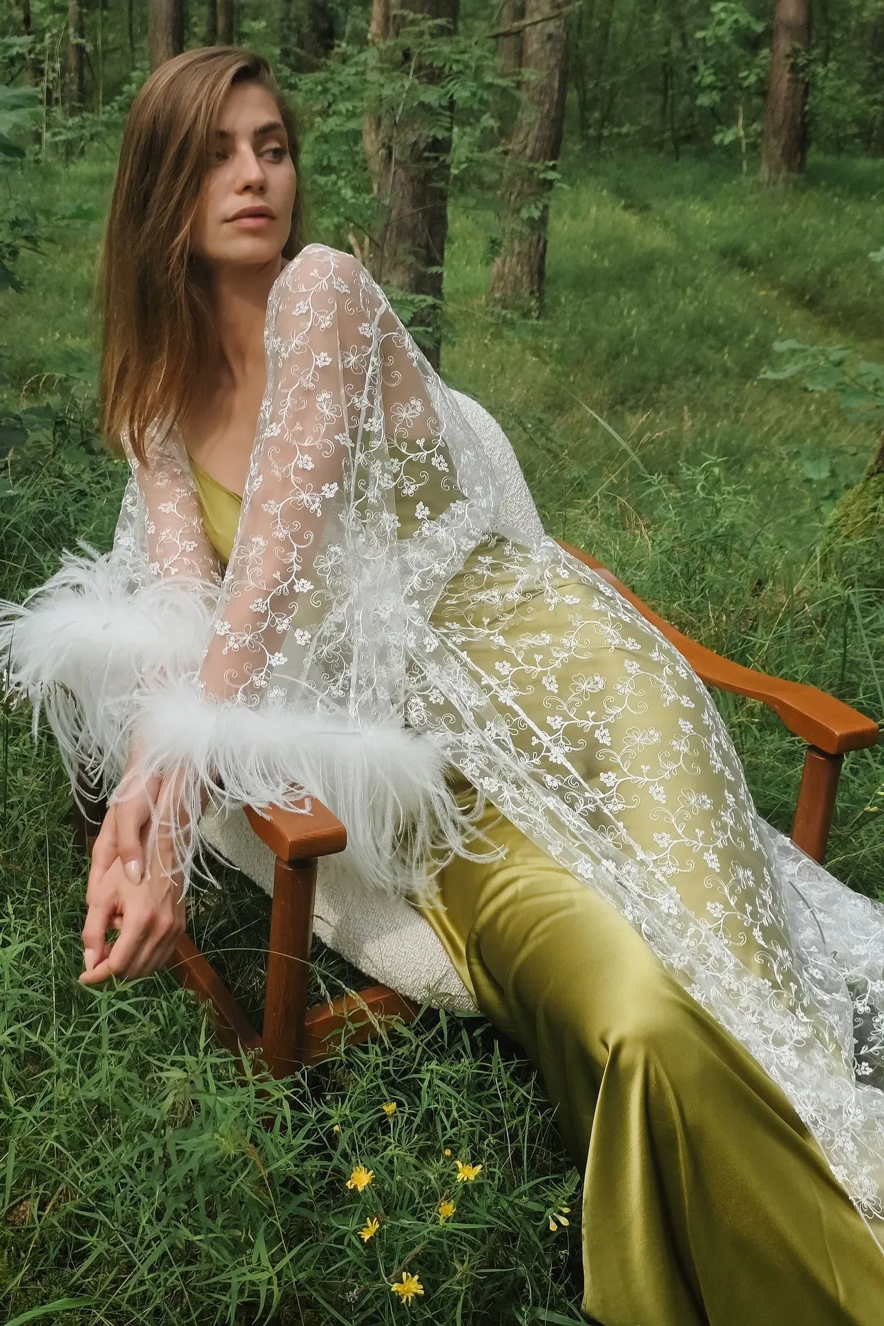 Amoralle Bare Daylight Robe for Women – Sheer French Chantilly Lace Robe with Hand-Sewn Ostrich Feathers, Elegant Long Kimono Bridal & Lounge Cover-Up - STREET STYLE