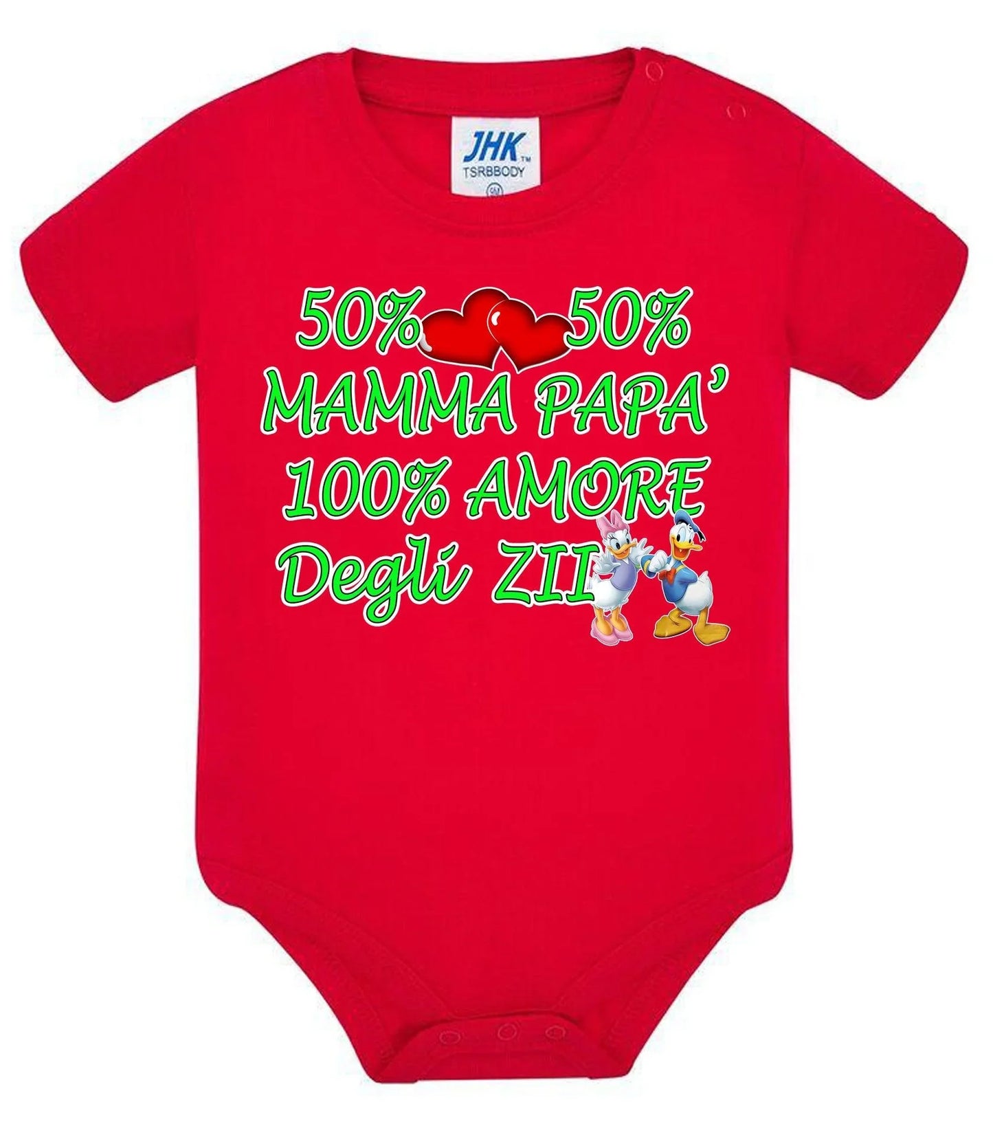 Body neonato rosso in cotone con scritta colorata, stile streetwear urban, maniche corte.