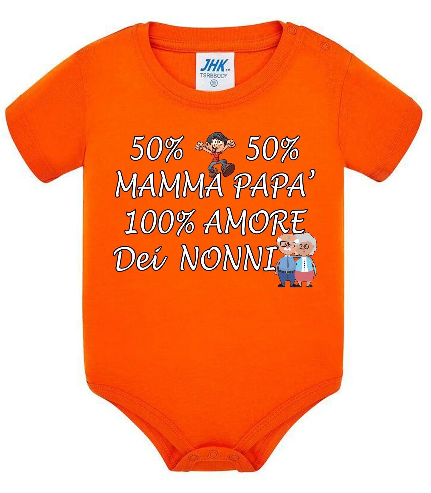 Body neonato arancione in cotone con scritta divertente e illustrazioni, stile streetwear