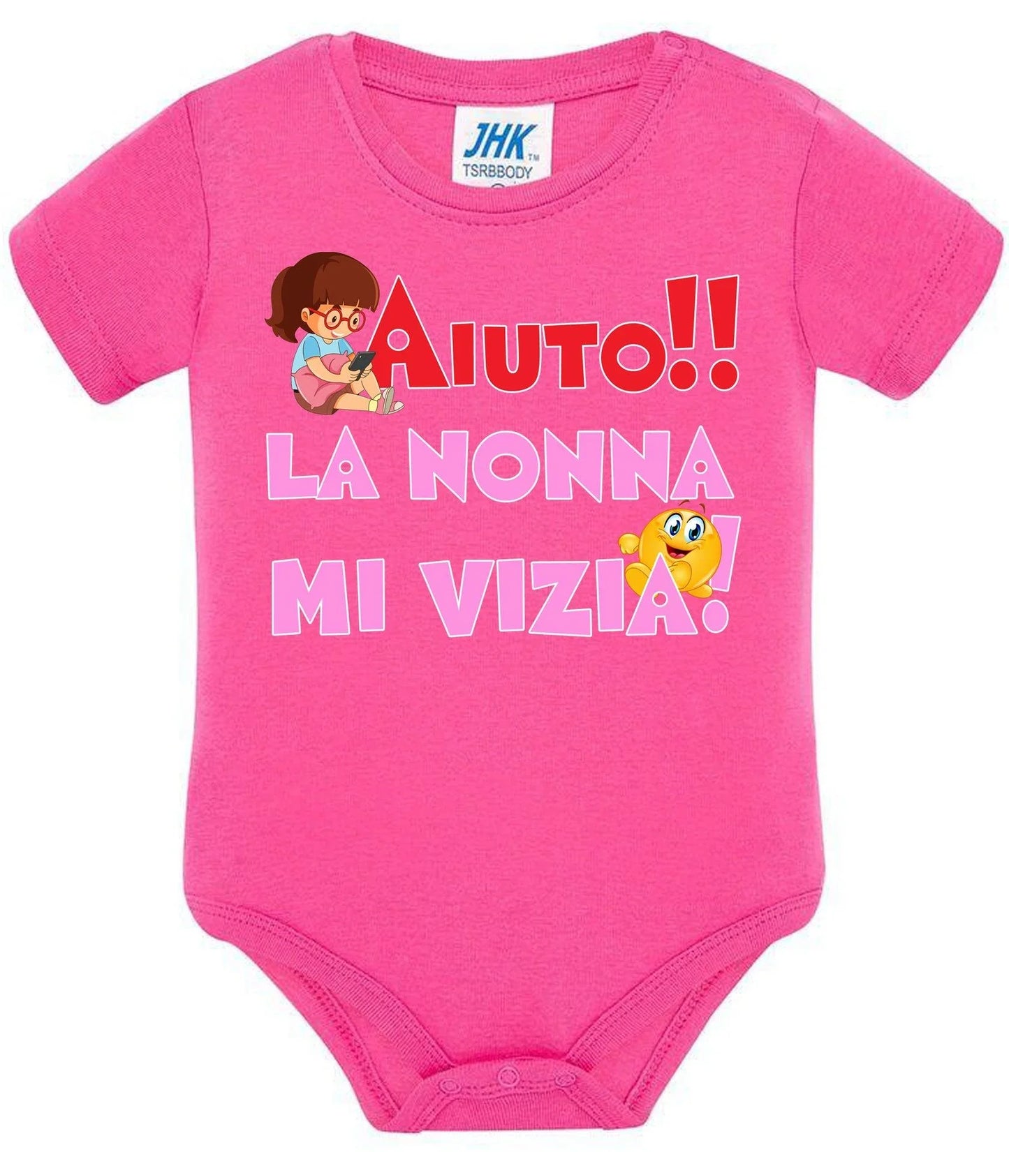 Body neonato rosa in cotone, maniche corte, stile streetwear, scritta ironica e disegno colorato.