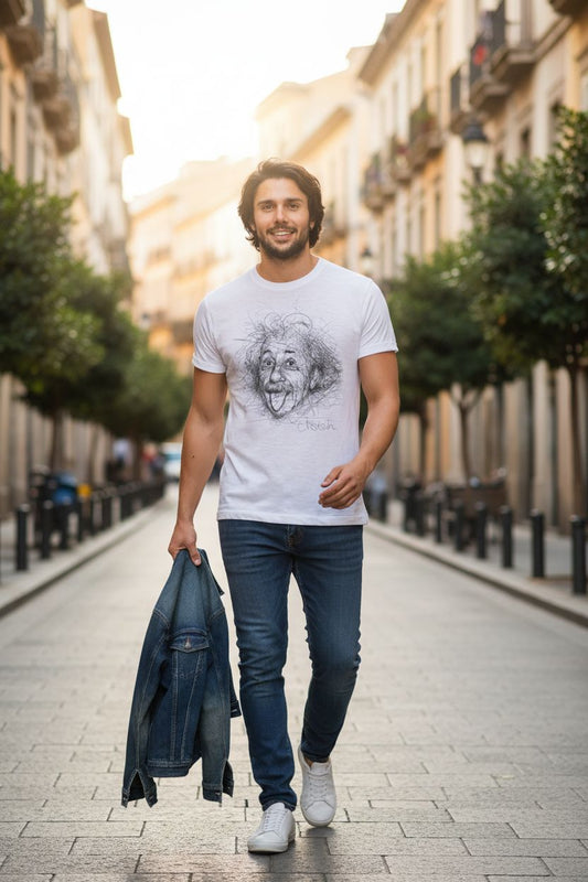 Uomo streetwear con t-shirt grafica Einstein, jeans e giacca di jeans su strada urbana