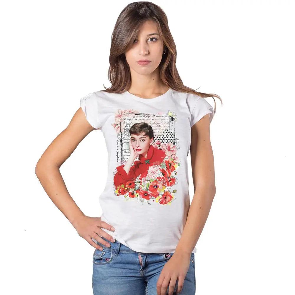 T-shirt bianca streetwear con stampa floreale colorata e ritratto femminile vintage, stile urban
