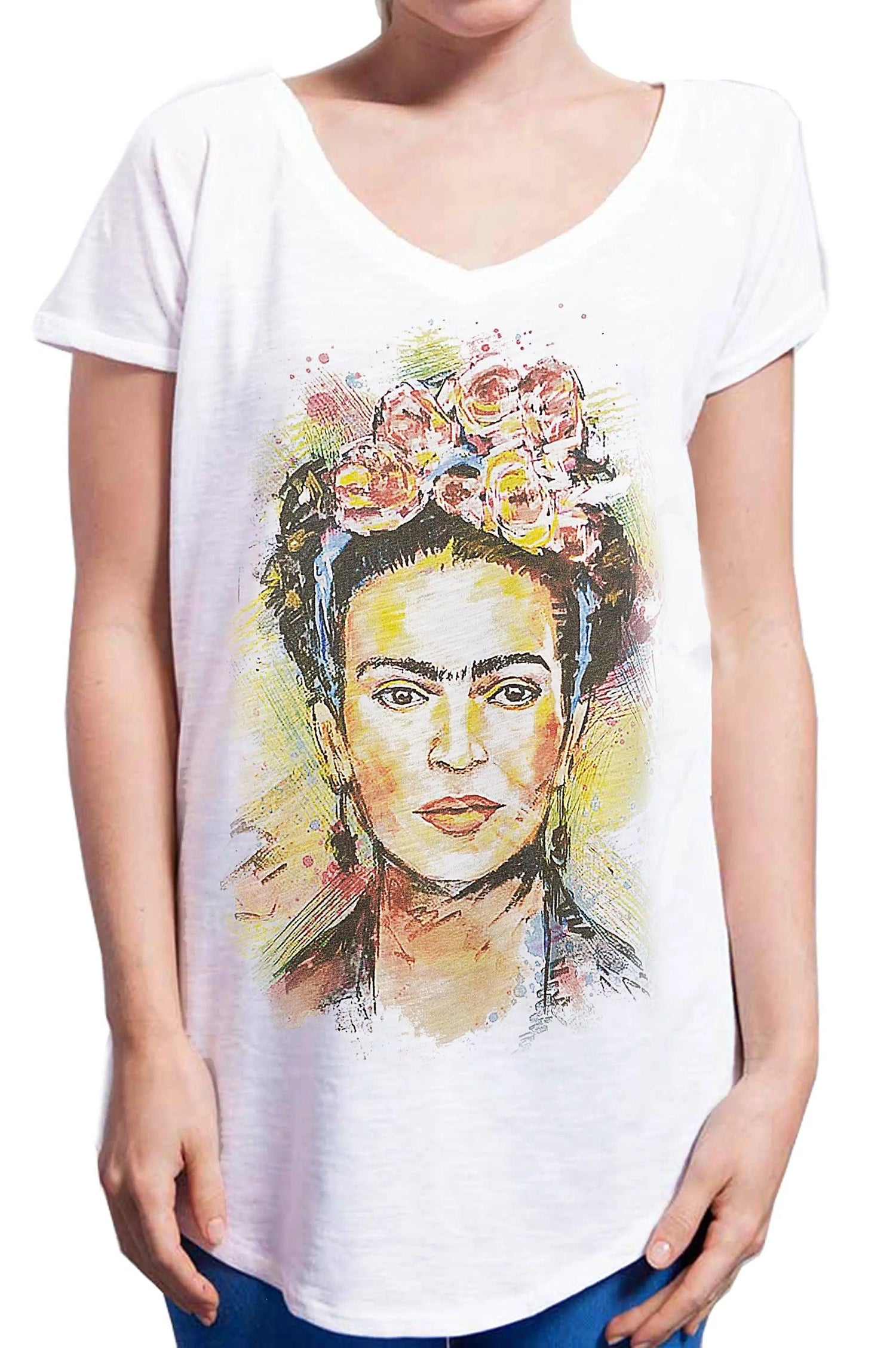 T-shirt streetwear bianca in cotone con stampa colorata di volto femminile in stile artistico, look urban
