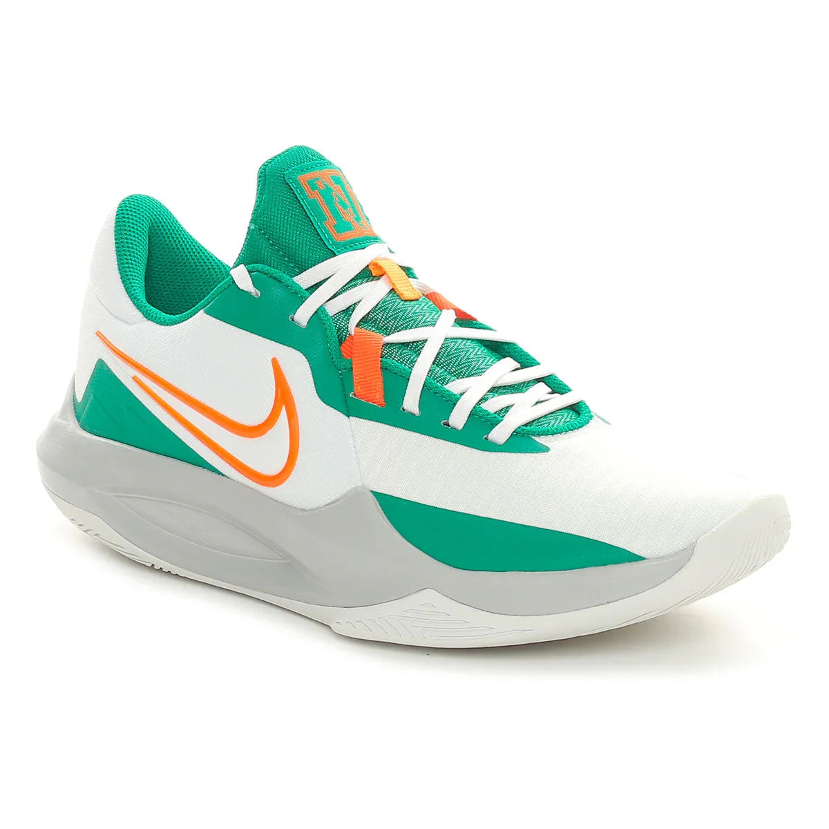 Sneaker streetwear bianca, verde e arancione con dettagli in tessuto e suola grigia, stile urban