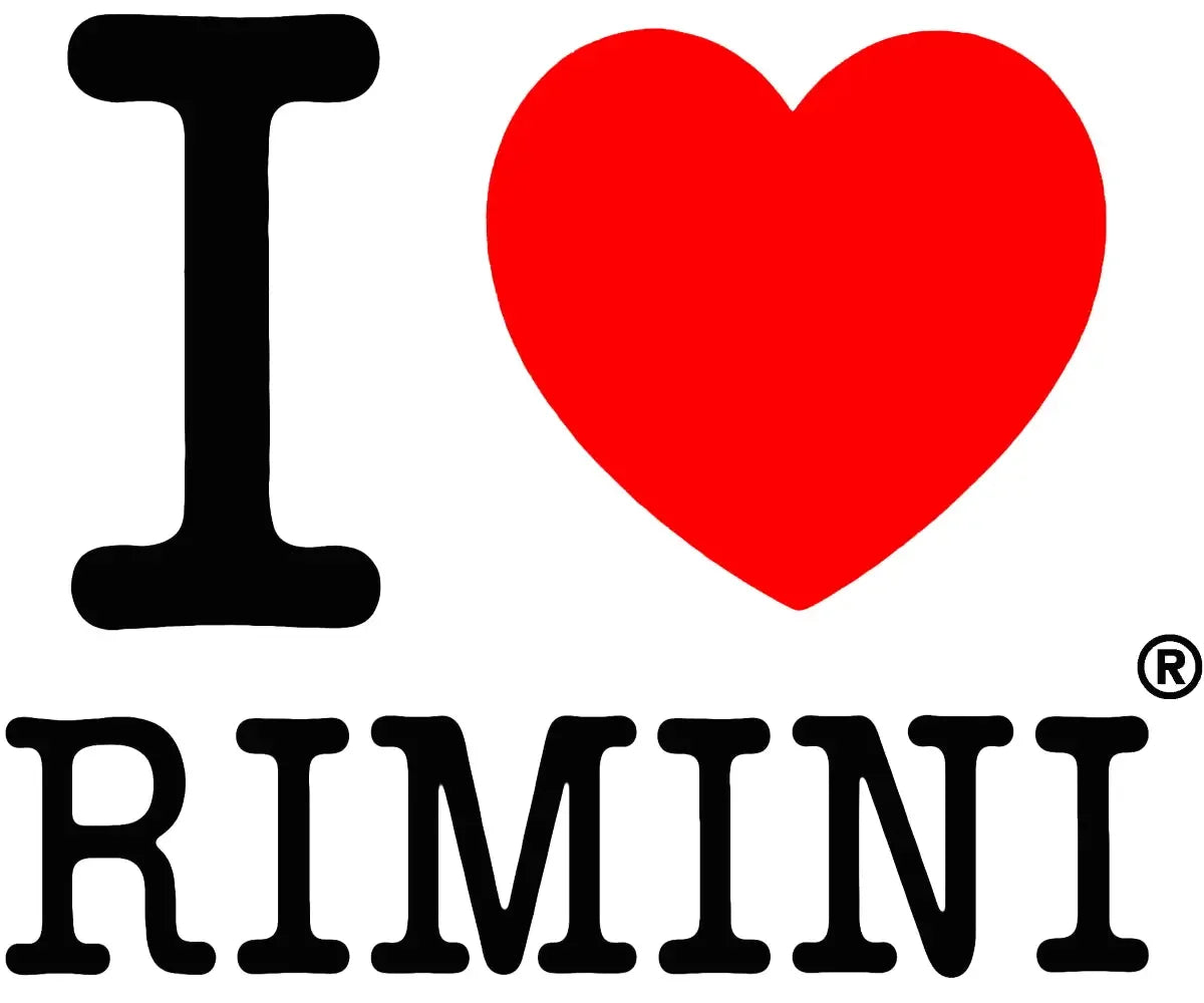 Grafica streetwear con scritta I love Rimini, cuore rosso e testo nero su sfondo bianco