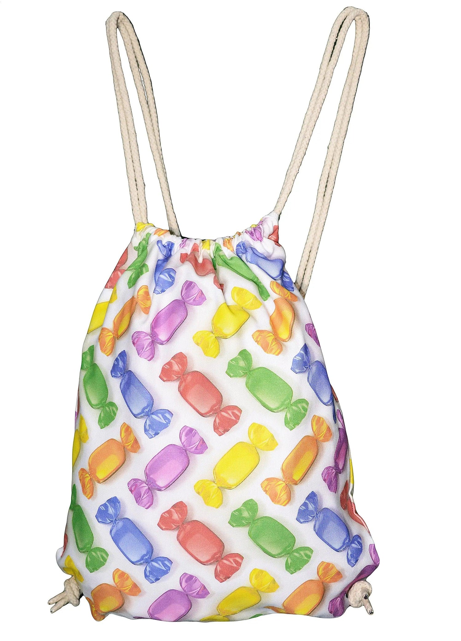 Zainetto streetwear in tessuto bianco con stampa vivace di caramelle colorate, spallacci in corda