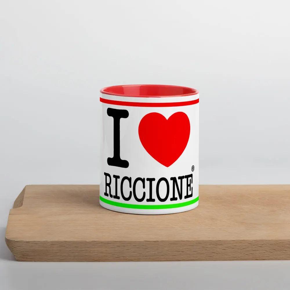 Tazza streetwear bianca con interno rosso, scritta I love Riccione, stile urban, dettagli verdi