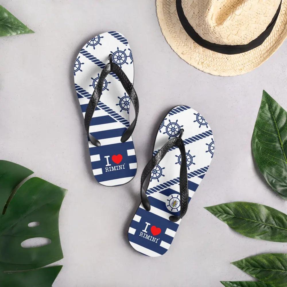 Infradito streetwear urban bianche e blu con stampa marinara e scritta I love Rimini, materiale sintetico