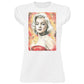 T-shirt bianca donna streetwear con stampa artista vintage icona pop su sfondo rosso-arancio