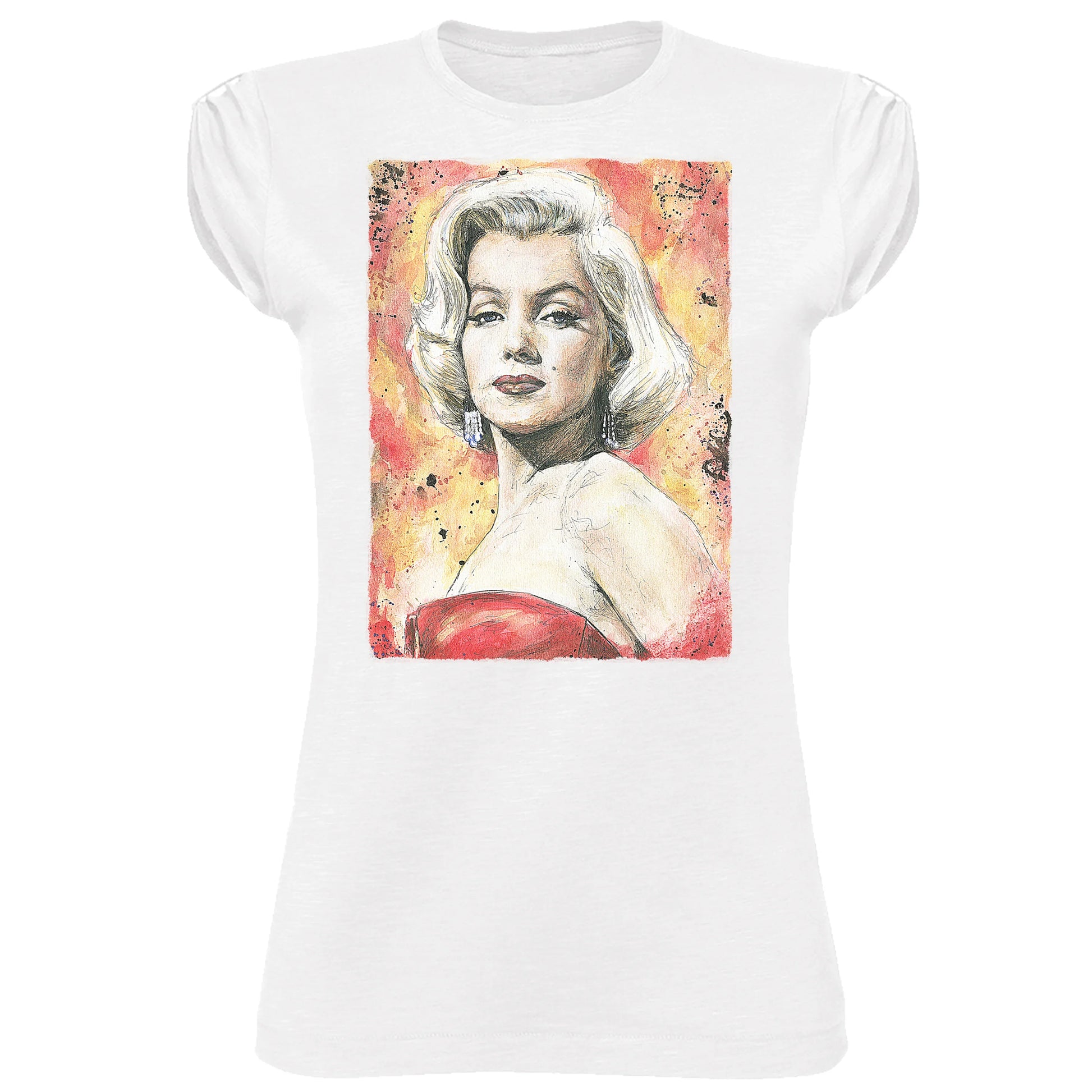 T-shirt bianca donna streetwear con stampa artista vintage icona pop su sfondo rosso-arancio