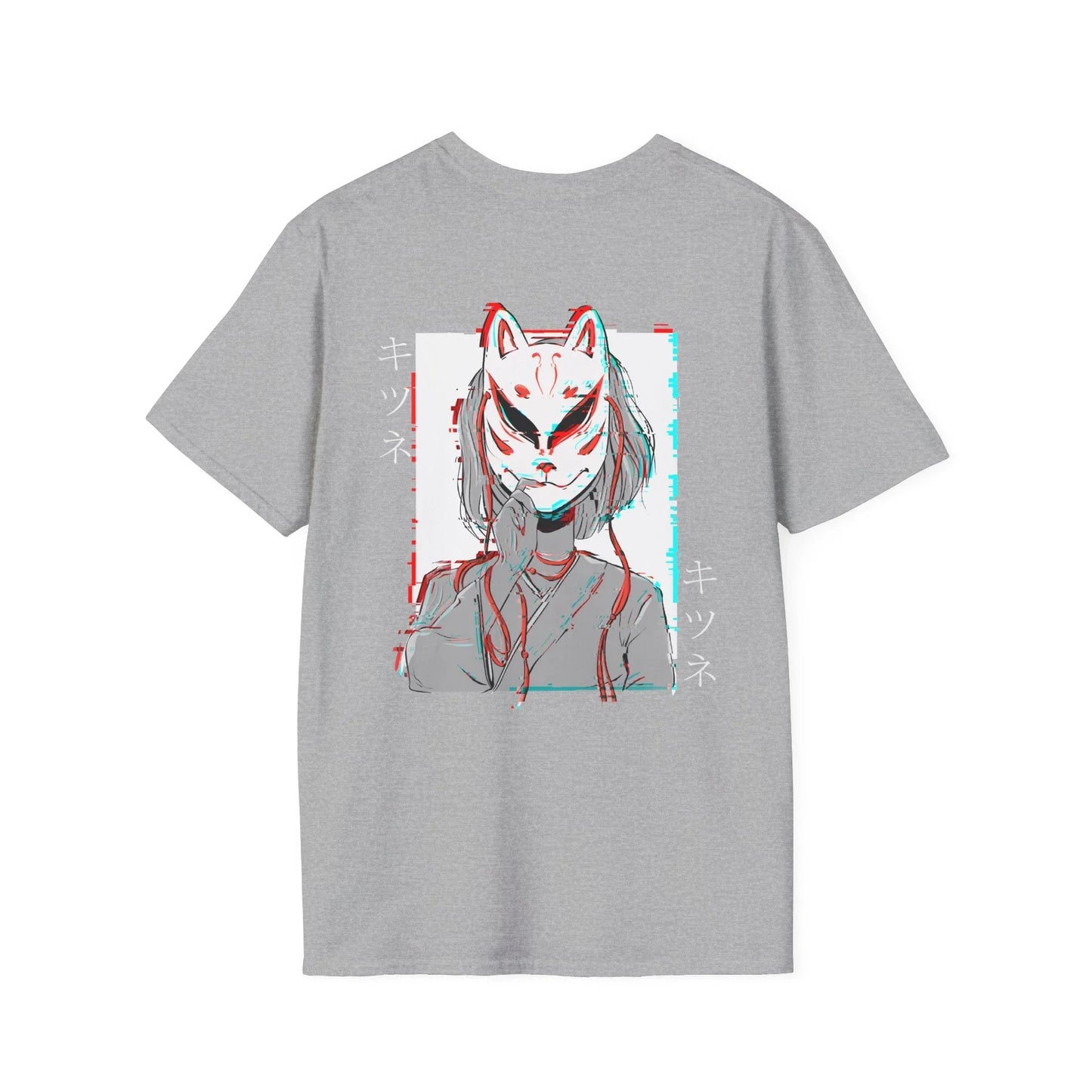 Kitsune Mask Gltich - Anime World - Unisex T-Shirt - Back Print - STREET STYLE