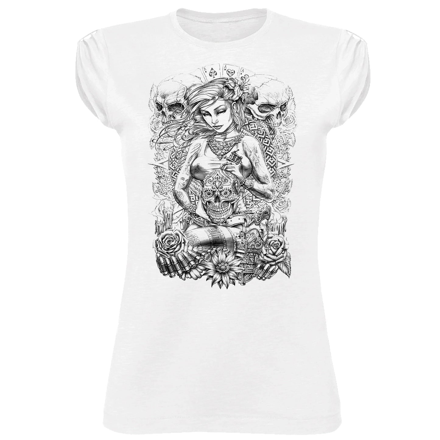 Girl Skull Design Stilizzato Tattoo 9001 Lady Donna 100% Cotone Pettinato JK - STREET STYLE