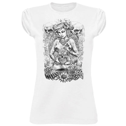 Girl Skull Design Stilizzato Tattoo 9001 Lady Donna 100% Cotone Pettinato JK - STREET STYLE