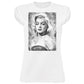 T-shirt streetwear donna bianca con stampa icona vintage in bianco e nero, stile street style.