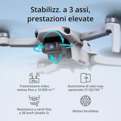 DJI Mini 4K Camera Drone Combo, drone per adulti, fotocamera 4K UHD, < 249 g, stabilizzatore 3 assi, trasmissione video 10 km, return automatico, 2 batterie per tempo di volo fino a 62 minuti
