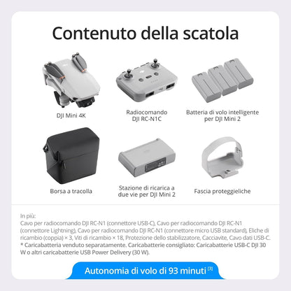 DJI Mini 4K Camera Drone Combo, drone per adulti, fotocamera 4K UHD, < 249 g, stabilizzatore 3 assi, trasmissione video 10 km, return automatico, 2 batterie per tempo di volo fino a 62 minuti
