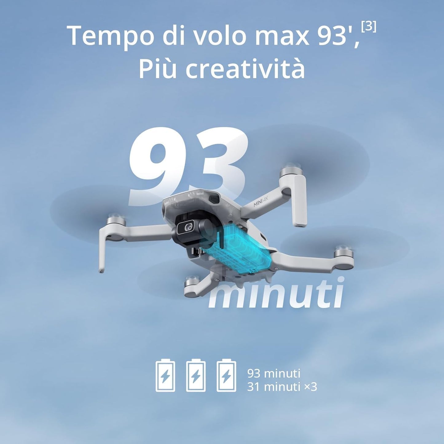 DJI Mini 4K Camera Drone Combo, drone per adulti, fotocamera 4K UHD, < 249 g, stabilizzatore 3 assi, trasmissione video 10 km, return automatico, 2 batterie per tempo di volo fino a 62 minuti