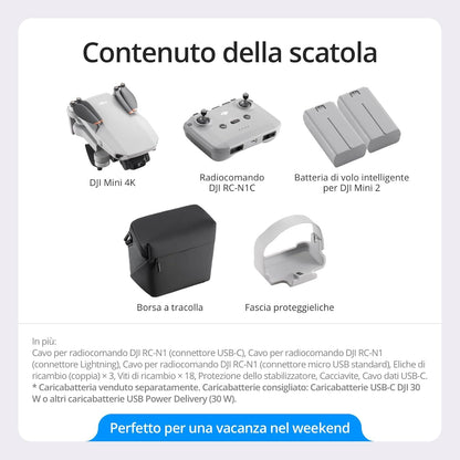 DJI Mini 4K Camera Drone Combo, drone per adulti, fotocamera 4K UHD, < 249 g, stabilizzatore 3 assi, trasmissione video 10 km, return automatico, 2 batterie per tempo di volo fino a 62 minuti
