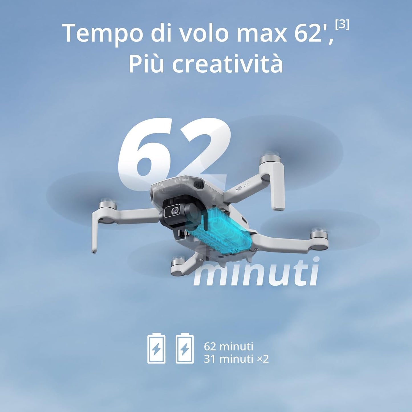 DJI Mini 4K Camera Drone Combo, drone per adulti, fotocamera 4K UHD, < 249 g, stabilizzatore 3 assi, trasmissione video 10 km, return automatico, 2 batterie per tempo di volo fino a 62 minuti