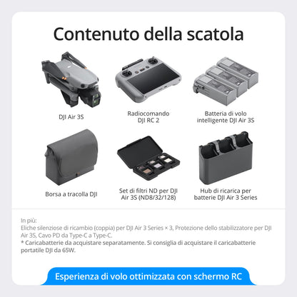 DJI Air 3S Combo Fly More (RC 2 con schermo), drone con fotocamera grandangolare CMOS 1" e teleobiettivo medio per adulti, 4K/60fps, rilevamento omnidirezionale e 3 batterie per volare più a lungo