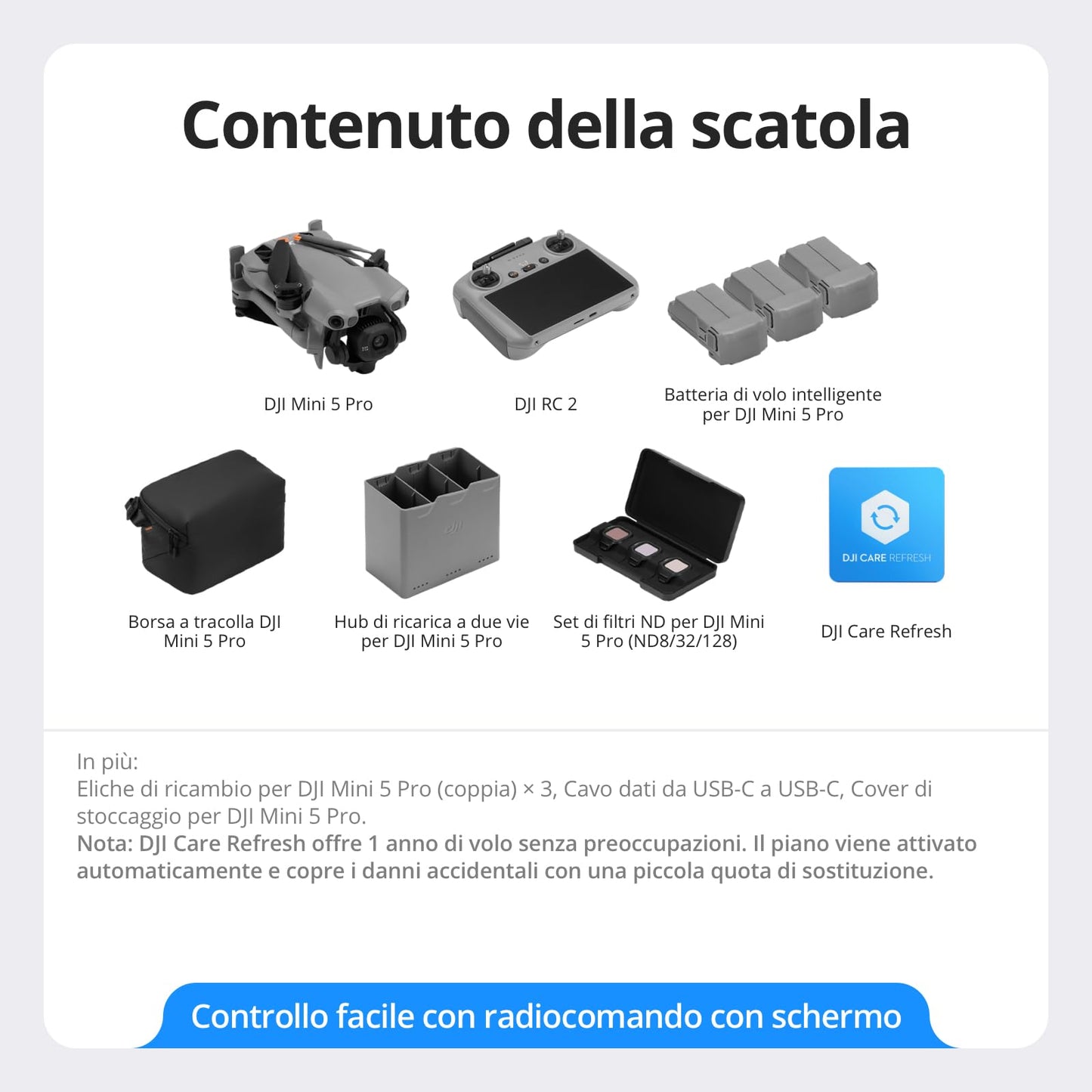 DJI Mini 5 Pro Combo Fly More con DJI RC 2 e DJI Care di 1 anno, drone 4K per principianti, drone con fotocamera, CMOS da 1 pollice, rilevamento degli ostacoli, ActiveTrack 360°, C0