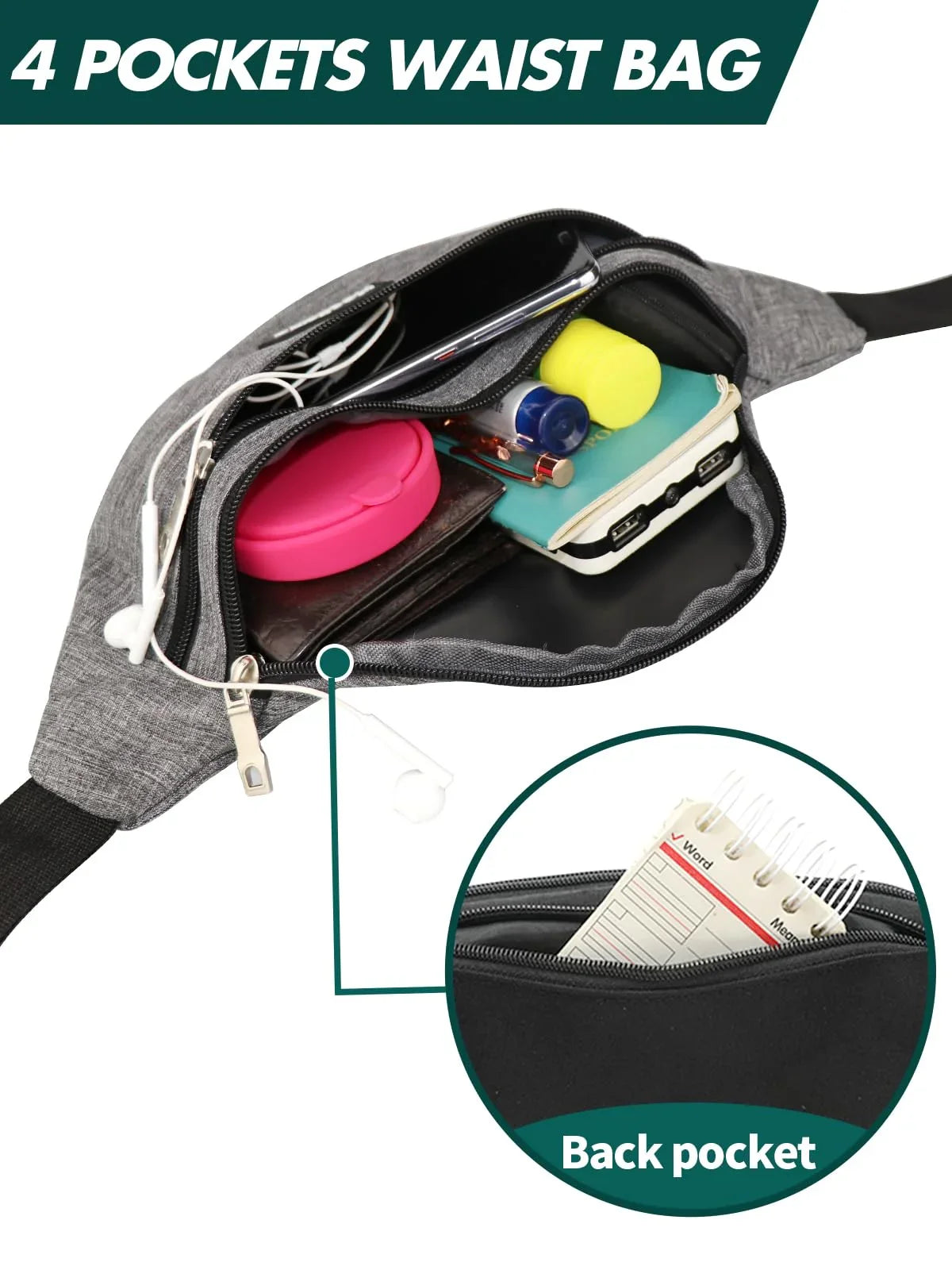 Men's Women's Waist Bag, Sports Waist Bag with 4 Zip Pockets, Men's Waist Bag, Small Adjustable Belt, Waterproof Work Waist Bag for Cycling Running Hiking Trekking Concerts - STREET STYLE