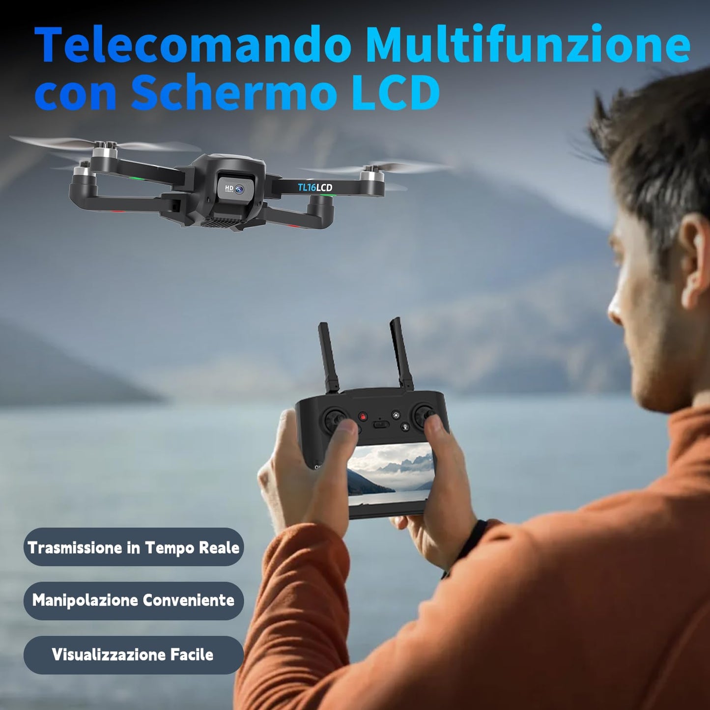 TL16LCD Drone con Telecamera 4K, Drone FPV per Principianti con Telecomando LCD Ritorno Automatico Follow Me Trasmissione in Tempo Reale 5G Droni GPS Pieghevole per Adulti