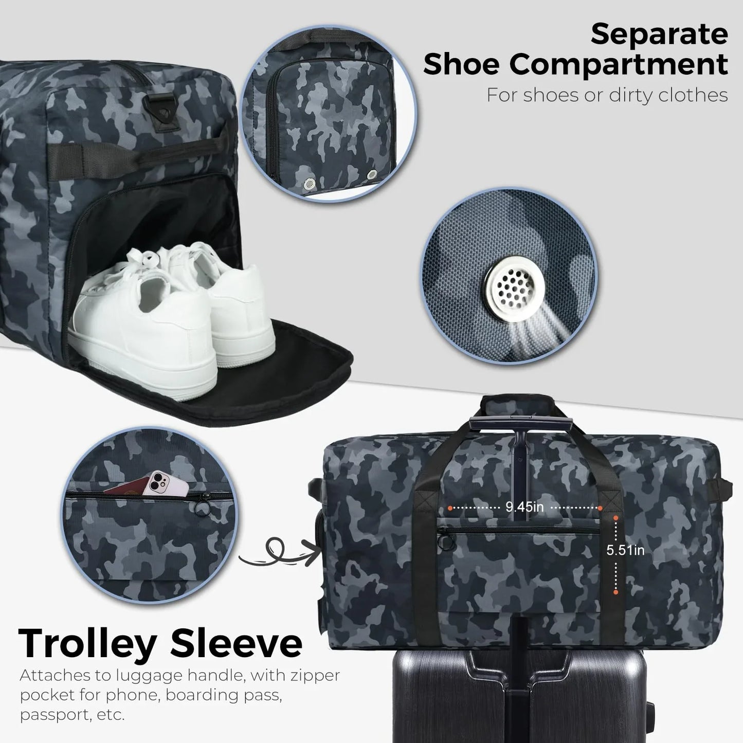 Fmeida 65L Unisex Adult Travel Duffel Bag, Large Gym Bag with Shoe Compartment and Shoulder Strap, Waterproof Duffel Bag Sports Bag, Black, Duffel bag with shoe compartment - STREET STYLE