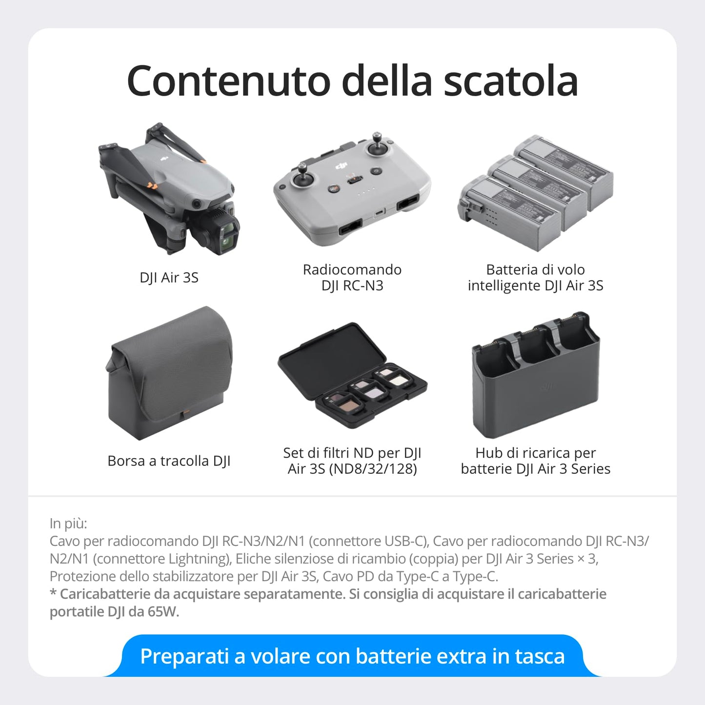 DJI Air 3S Combo Fly More (RC 2 con schermo), drone con fotocamera grandangolare CMOS 1" e teleobiettivo medio per adulti, 4K/60fps, rilevamento omnidirezionale e 3 batterie per volare più a lungo