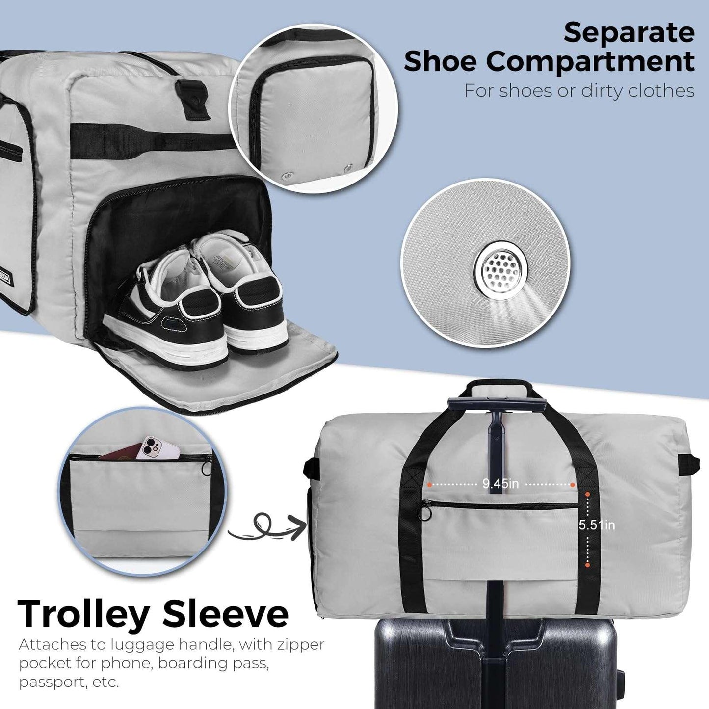 Fmeida 65L Unisex Adult Travel Duffel Bag, Large Gym Bag with Shoe Compartment and Shoulder Strap, Waterproof Duffel Bag Sports Bag, Black, Duffel bag with shoe compartment - STREET STYLE