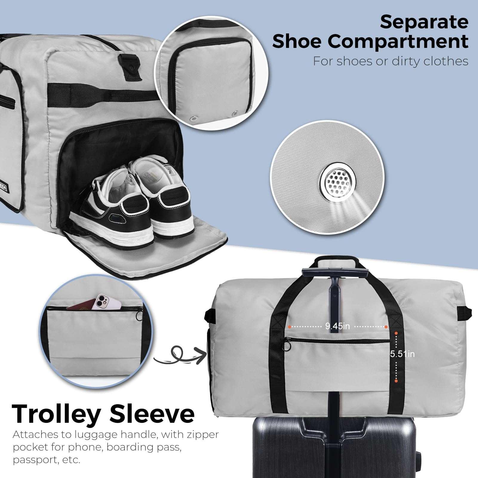 Fmeida 65L Unisex Adult Travel Duffel Bag, Large Gym Bag with Shoe Compartment and Shoulder Strap, Waterproof Duffel Bag Sports Bag, Black, Duffel bag with shoe compartment - STREET STYLE