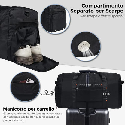 Fmeida 65L Unisex Adult Travel Duffel Bag, Large Gym Bag with Shoe Compartment and Shoulder Strap, Waterproof Duffel Bag Sports Bag, Black, Duffel bag with shoe compartment - STREET STYLE