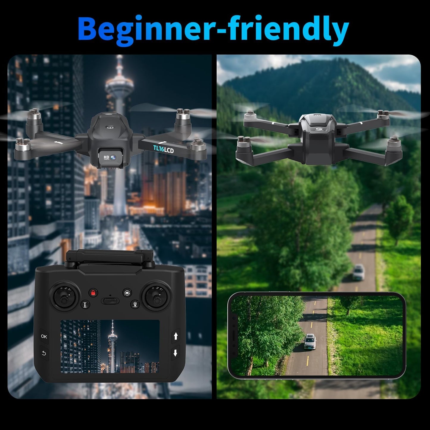 TL16LCD Drone con Telecamera 4K, Drone FPV per Principianti con Telecomando LCD Ritorno Automatico Follow Me Trasmissione in Tempo Reale 5G Droni GPS Pieghevole per Adulti