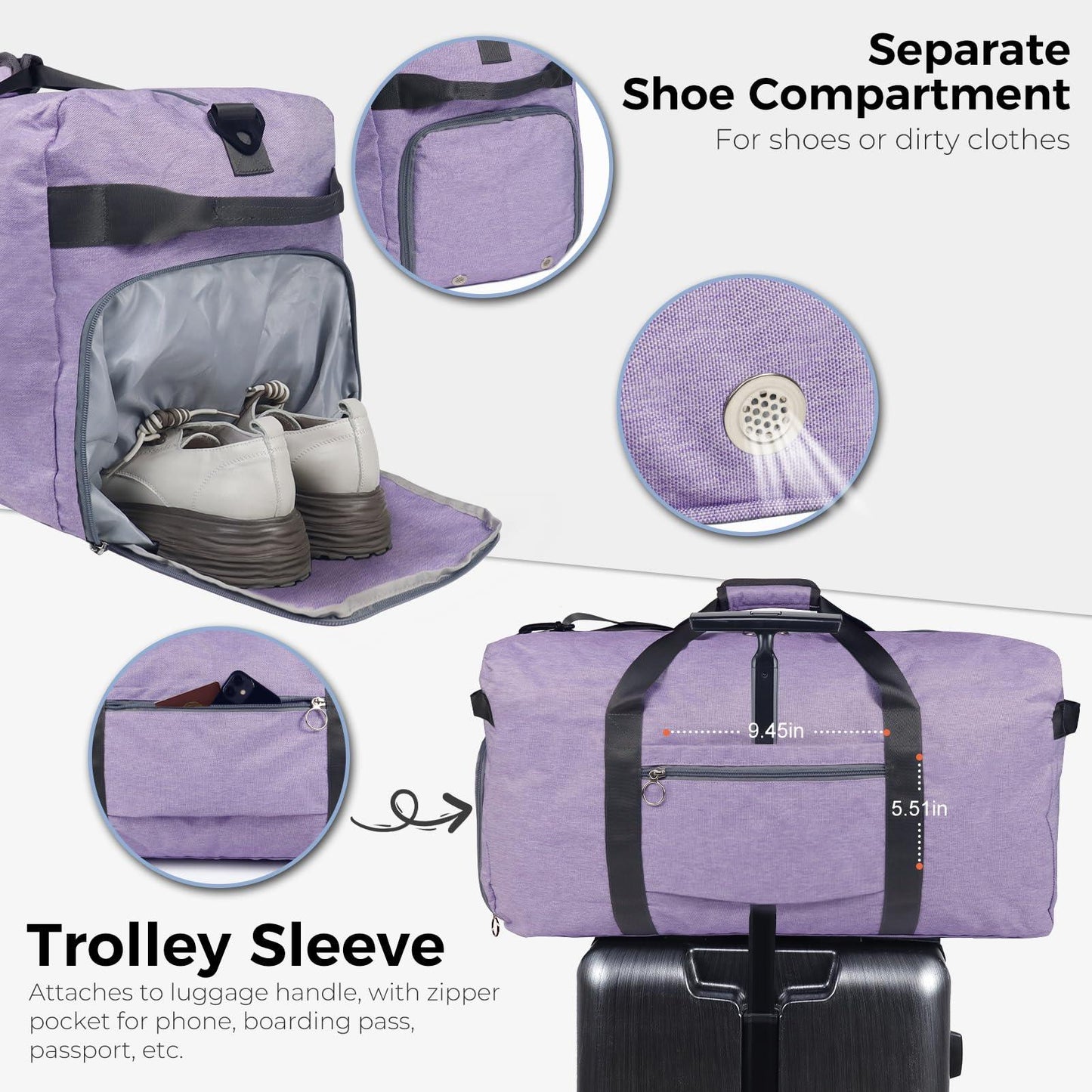 Fmeida 65L Unisex Adult Travel Duffel Bag, Large Gym Bag with Shoe Compartment and Shoulder Strap, Waterproof Duffel Bag Sports Bag, Black, Duffel bag with shoe compartment - STREET STYLE