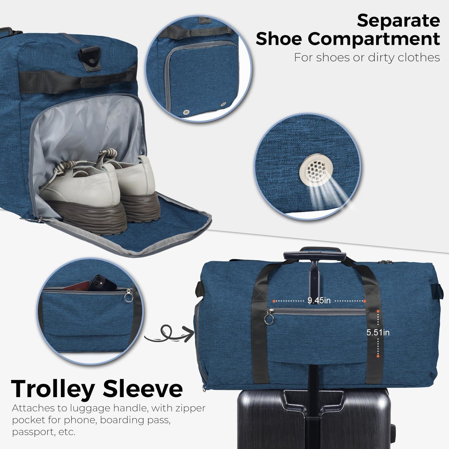 Fmeida 65L Unisex Adult Travel Duffel Bag, Large Gym Bag with Shoe Compartment and Shoulder Strap, Waterproof Duffel Bag Sports Bag, Black, Duffel bag with shoe compartment - STREET STYLE