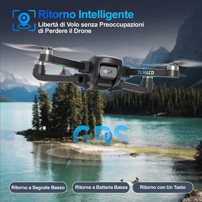 TL16LCD Drone con Telecamera 4K, Drone FPV per Principianti con Telecomando LCD Ritorno Automatico Follow Me Trasmissione in Tempo Reale 5G Droni GPS Pieghevole per Adulti