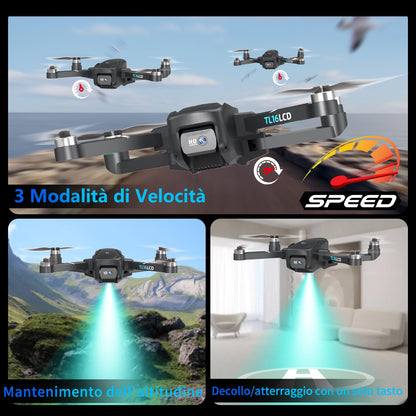 TL16LCD Drone con Telecamera 4K, Drone FPV per Principianti con Telecomando LCD Ritorno Automatico Follow Me Trasmissione in Tempo Reale 5G Droni GPS Pieghevole per Adulti