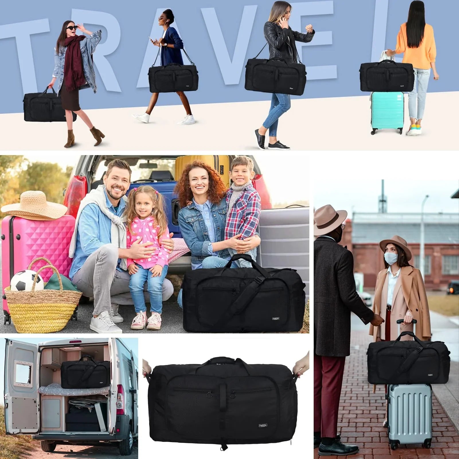 Fmeida 65L Unisex Adult Travel Duffel Bag, Large Gym Bag with Shoe Compartment and Shoulder Strap, Waterproof Duffel Bag Sports Bag, Black, Duffel bag with shoe compartment - STREET STYLE