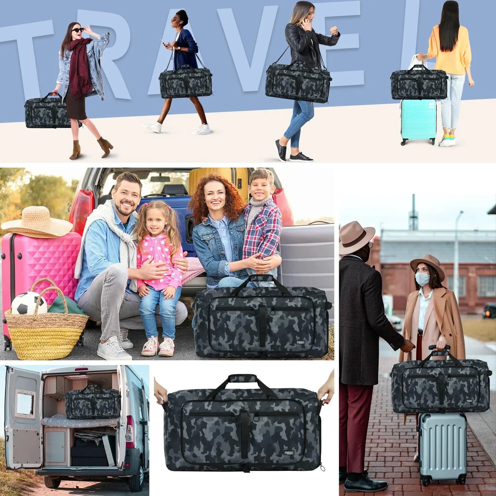 Fmeida 65L Unisex Adult Travel Duffel Bag, Large Gym Bag with Shoe Compartment and Shoulder Strap, Waterproof Duffel Bag Sports Bag, Black, Duffel bag with shoe compartment - STREET STYLE