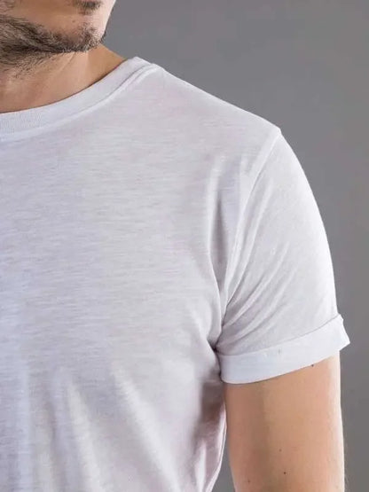 T-shirt uomo bianca in cotone fiammato, stile streetwear urban, manica corta, tessuto leggero