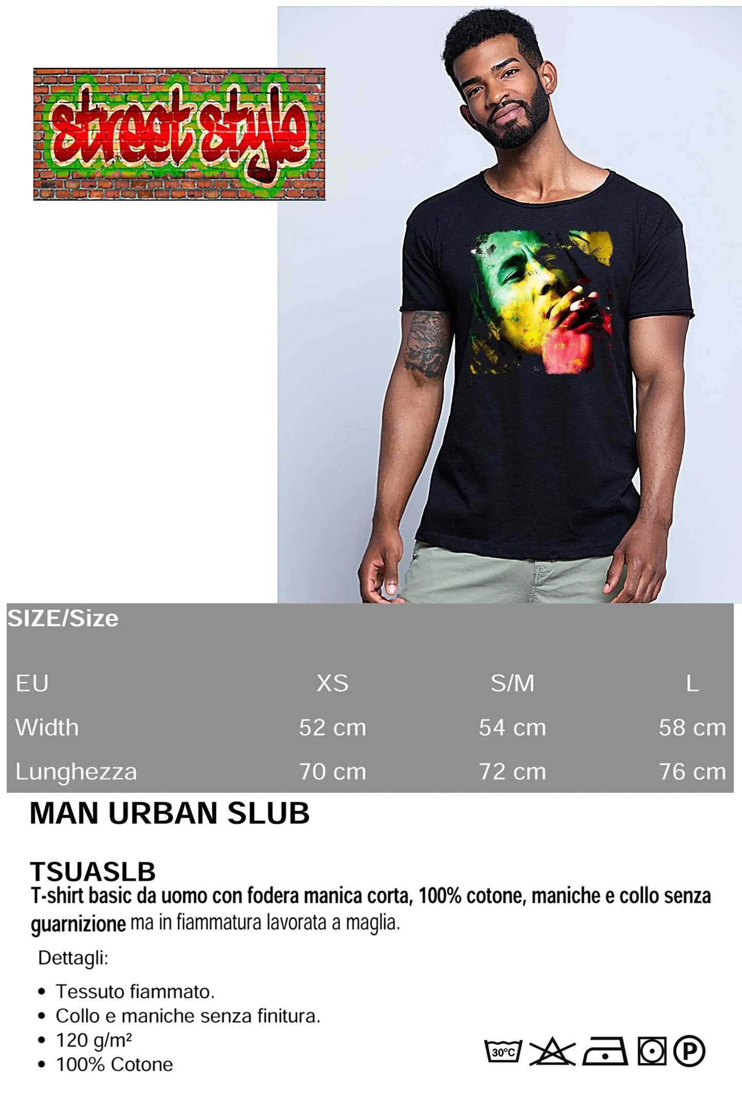 Uomo con t-shirt streetwear nera, stampa colorata e grafica urban, Street Style Rimini.