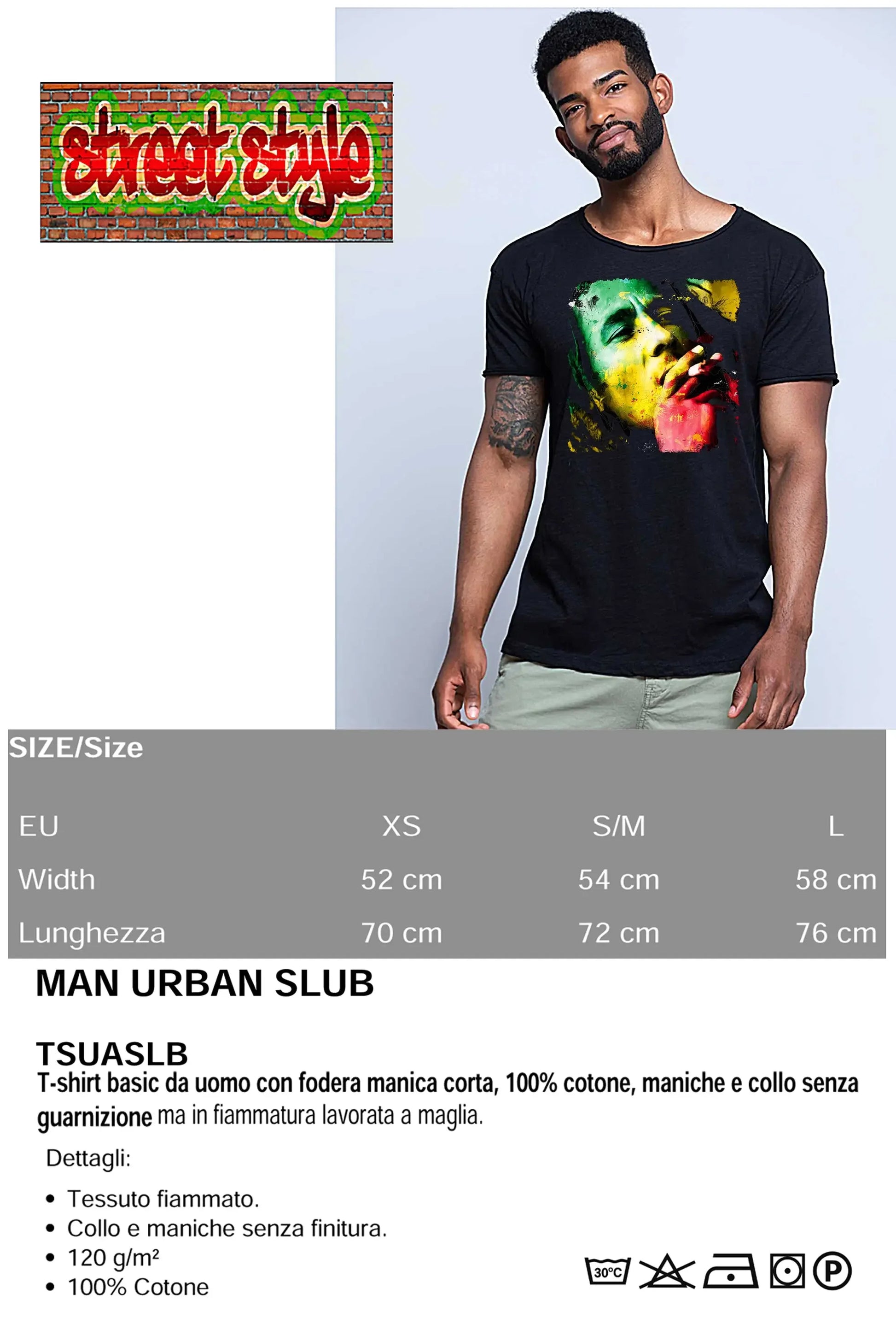 Uomo con t-shirt streetwear nera, stampa colorata e grafica urban, Street Style Rimini.