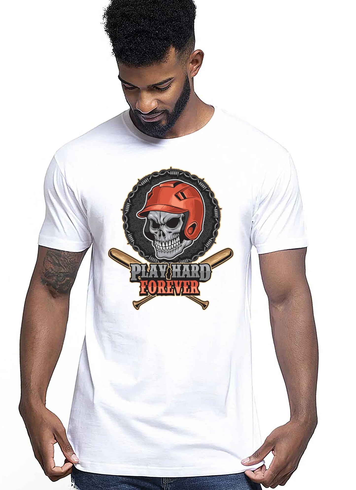 Baseball Skull Motor Tattoo 9052 T-shirt Urban Men Uomo 100% Cotone Pettinato JK - STREET STYLE