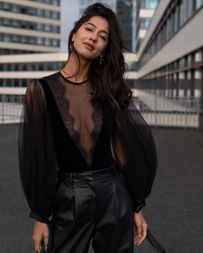 Amoralle Miracle Bodysuit for Women – Stretch Velvet Bodysuit with Sheer Puffed Tulle Sleeves, Lace Deep V-Neckline, Adjustable Straps & Silk Ribbon Details - STREET STYLE