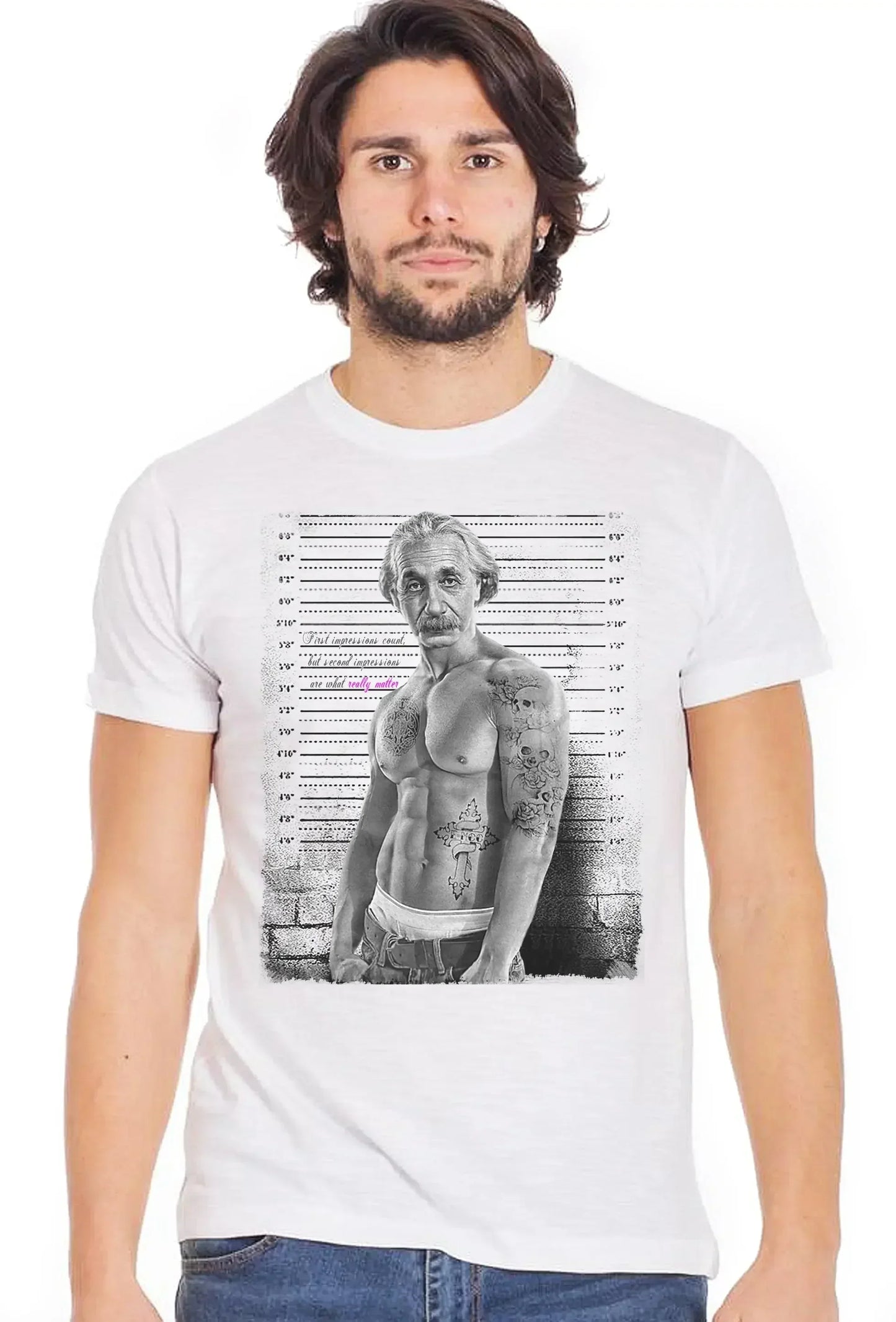 Einstein Tatuato Muscle Muscoloso Carcerato 2075-7 T-Shirt Urban Men Uomo 100% Cotone Fiammato BS - STREET STYLE