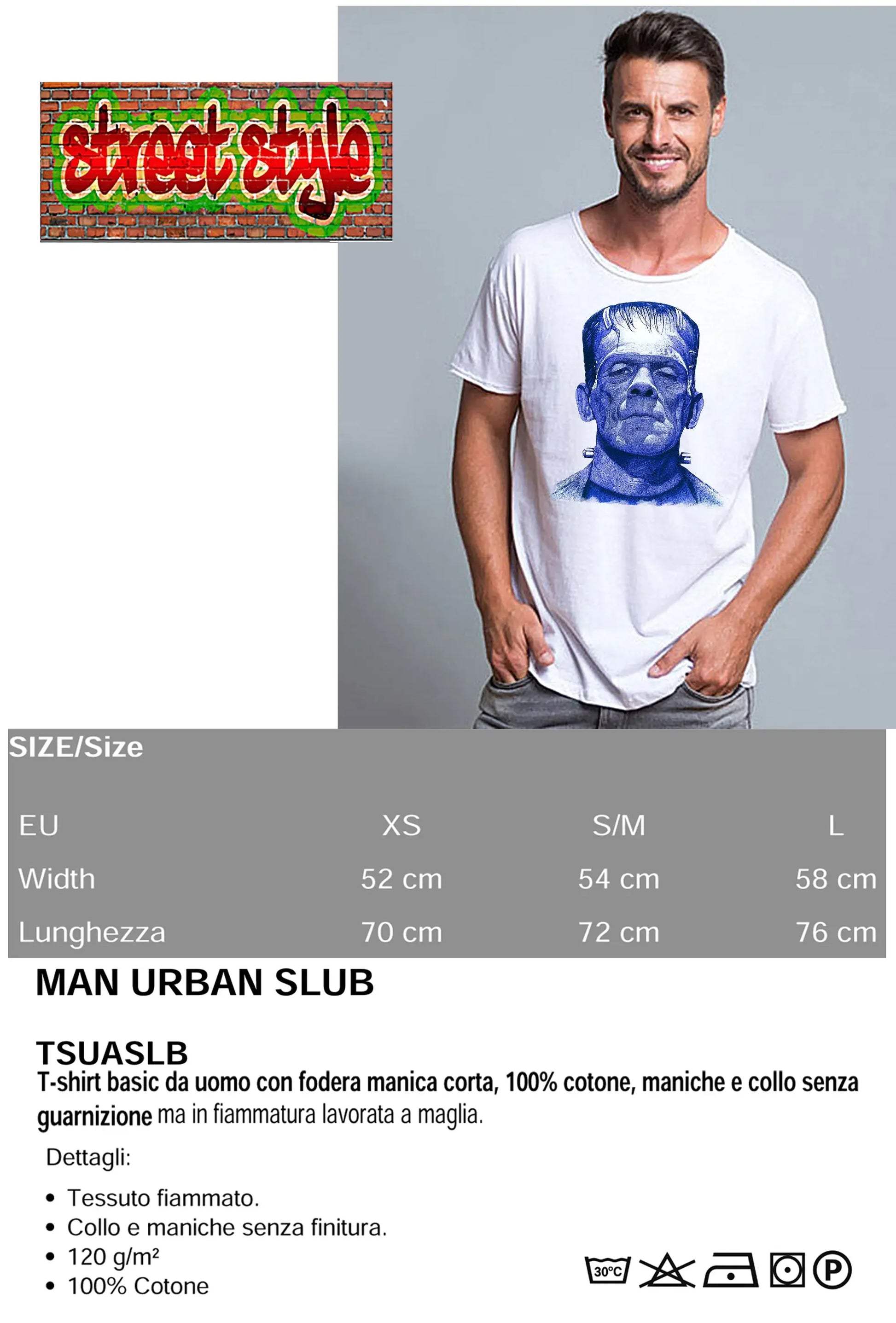T-shirt Uomo Frankenstein Blu – Urban Slub 100% Cotone - STREET STYLE