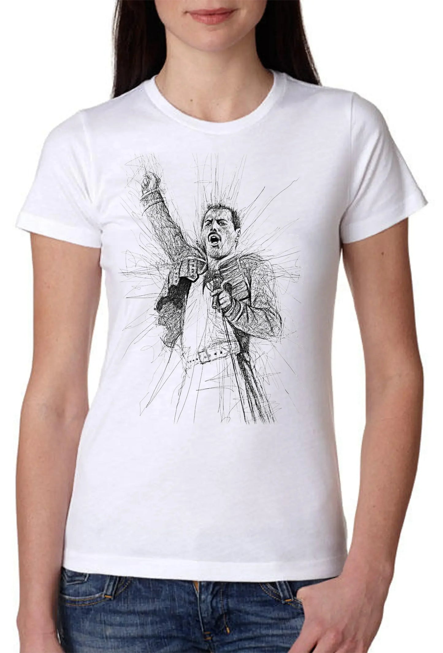 T-shirt bianca donna Street Style con illustrazione schizzata di icona musicale, moda urban