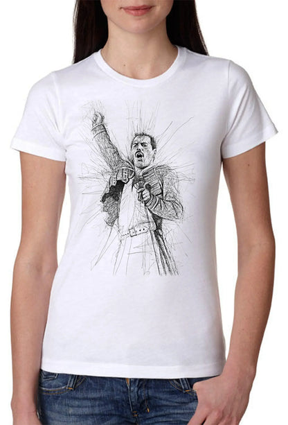 T-shirt bianca donna Street Style con illustrazione schizzata di icona musicale, moda urban