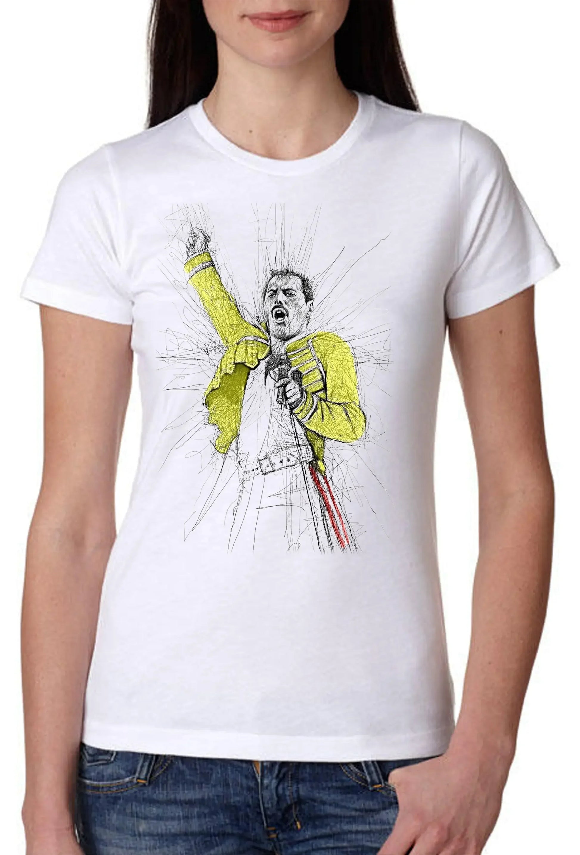 Maglietta streetwear bianca da donna con illustrazione di artista iconico in stile urban